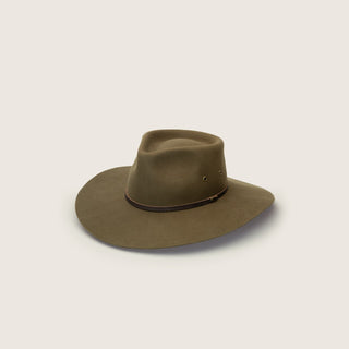 Will & Bear Wide Brim Country Hat in olive green on neutral background, showcasing structured wool felt and flat brim.